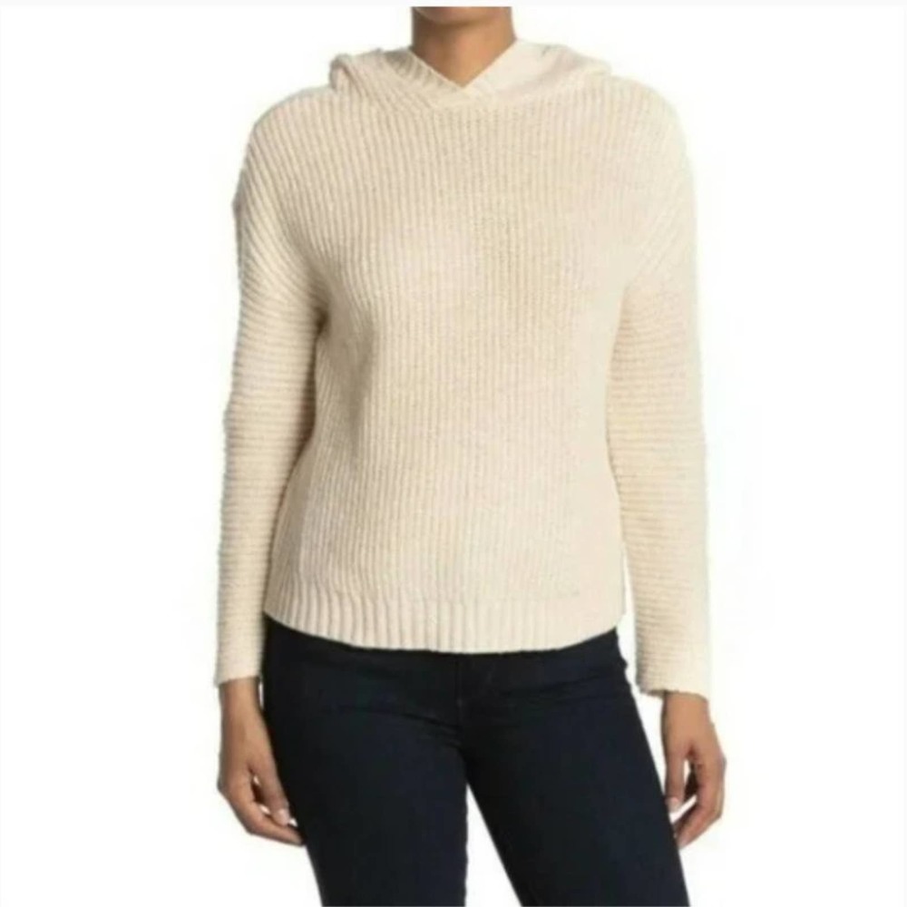 Abound Women's Cozy Ribbed Knit Hooded Sweater - Beige Oatmeal Size M NWT